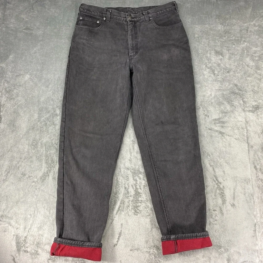 Vtg Lands End Jeans Mens 36 (fit 35x32) Black Fleece Lined Straight Denim *READ*